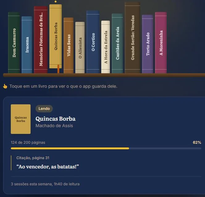 Estante interativa da Biblioteca Pessoal e cartão de leitura de Quincas Borba com progresso e citação