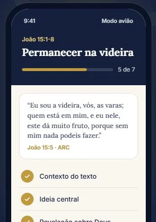 Tela do Checklist Bíblico mostrando o estudo de João 15 com as etapas Contexto do texto e Ideia central